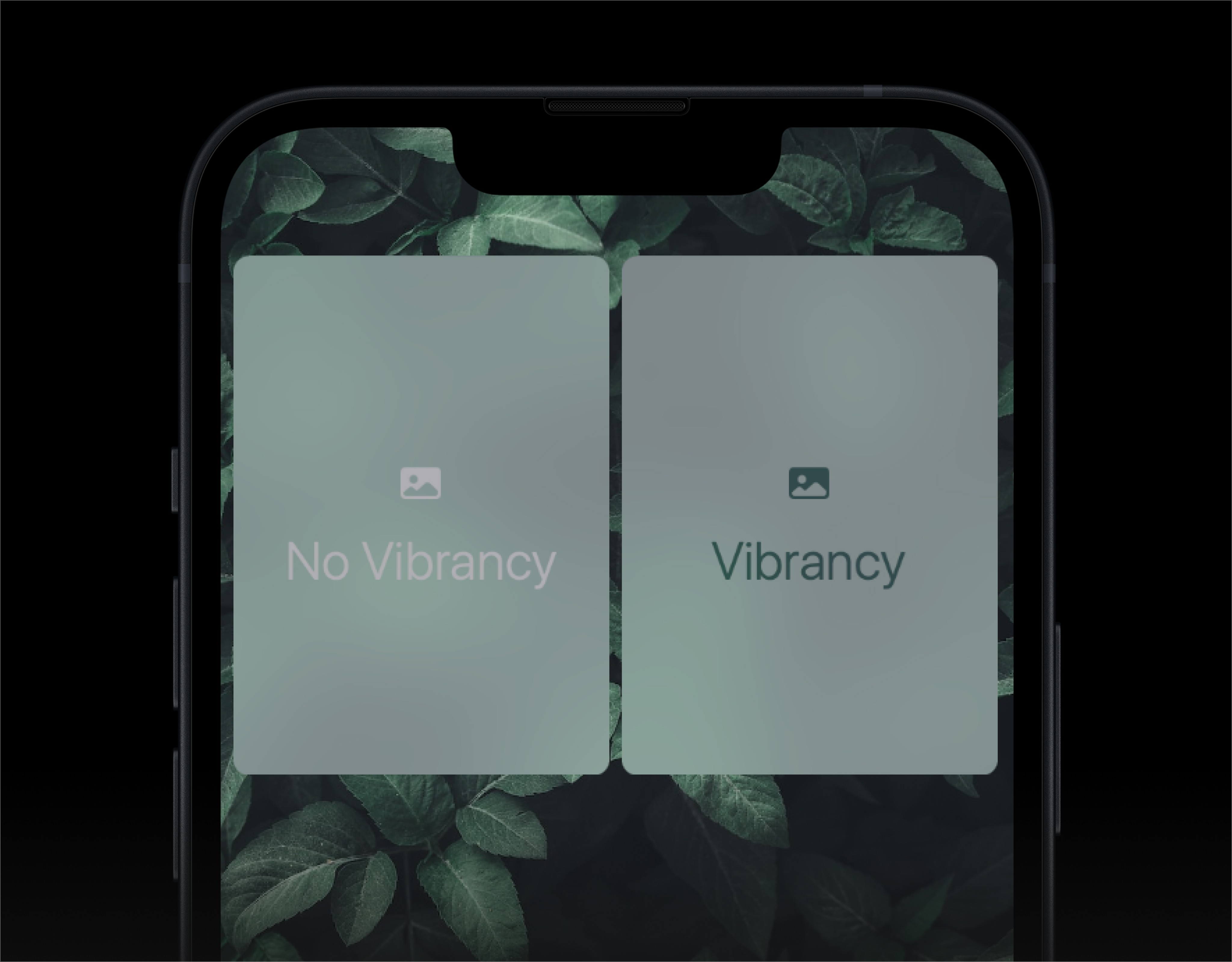 A background image with two stacks with material on top. One stack has vibrancy applied and the other does not